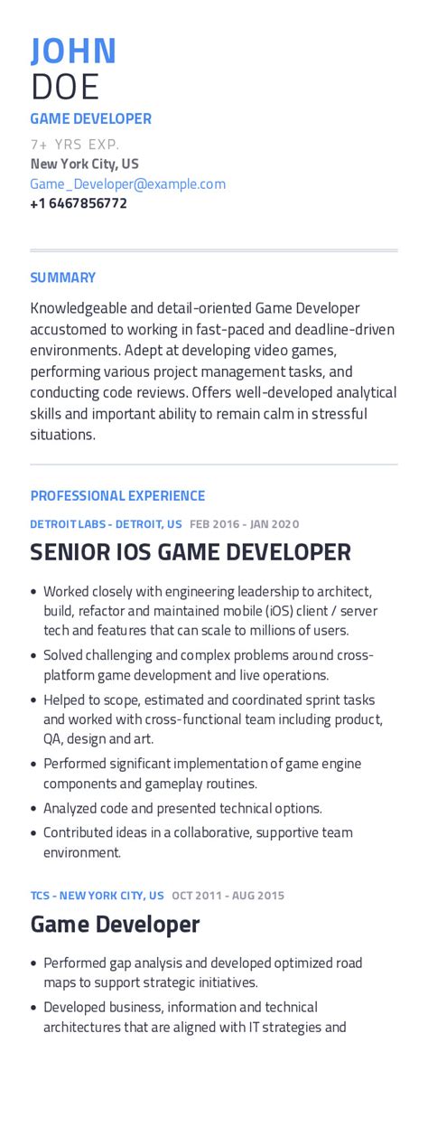 Game Developer Resume Example With Content Sample | CraftmyCV