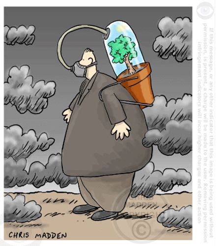 A cartoon showing a man using an oxygen cylinder to breathe fresh air ...