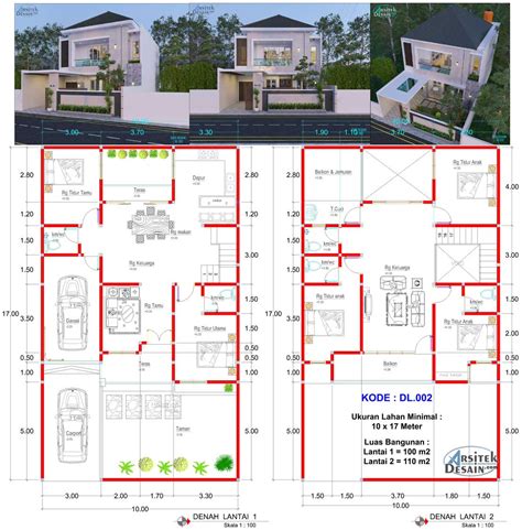 Denah Rumah Lebar 5 Meter 2 Lantai - Modern Minimalis