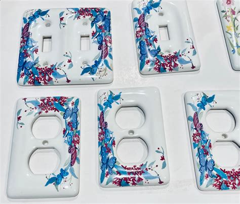 Decorative Ceramic Switch Plate and Outlet Covers....ceramic Floral Covers...blue and Burgundy ...