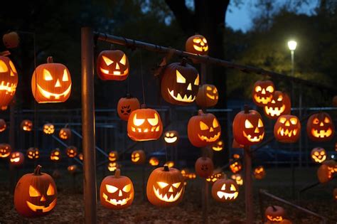 Premium Photo | Halloween pumpkin lanterns at night in the park ...