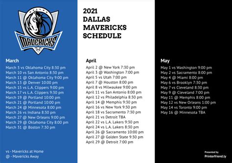 Printable Dallas Mavs schedule, TV schedule updated for 2020-21 season - Printerfriend.ly