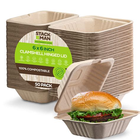 Buy 100% Compostable Clamshell Take Out Food Containers [6x6" 50-Pack] Heavy-Duty Quality to go ...