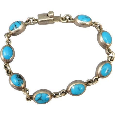 VINTAGE Mexican Silver 7 Inch Turquoise Bracelet 925 from ruthsantiques on Ruby Lane