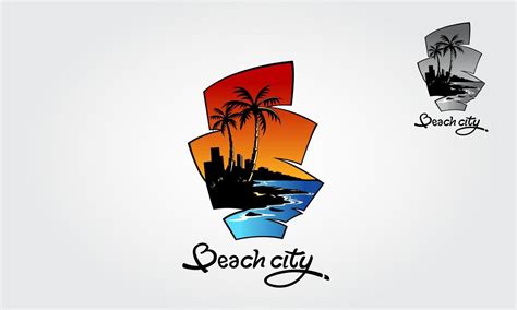 Beach City Vector Logo Template. Water ocean waves with building, city ...