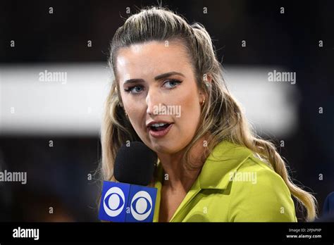 CBS and Paramount television reporter Poppy Miller holds a microphone during the Serie A match ...