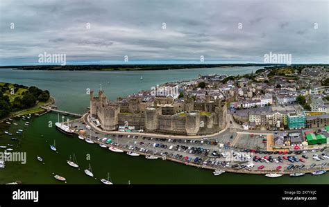 Aerial view of the ancient Caernarfon Castle in North Wales Stock Photo ...