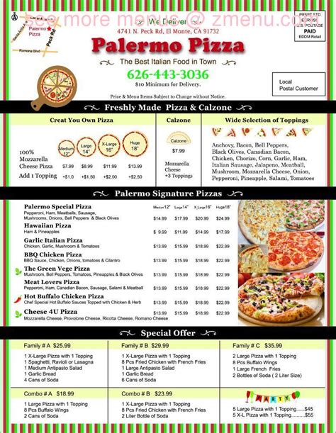 Menu at Palermo Pizza pizzeria, El Monte