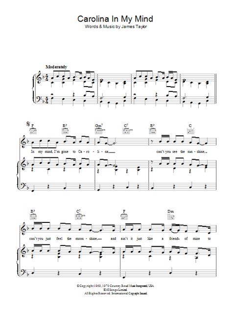 Carolina In My Mind by James Taylor Sheet Music for Piano, Vocal & Guitar Chords (Right-Hand ...