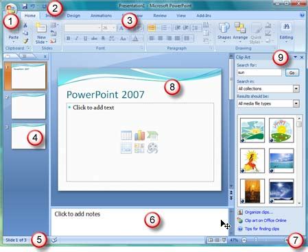 Interface in PowerPoint 2007 for Windows