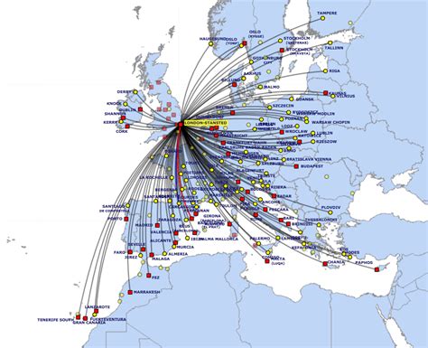 Ryanair route map - from London Stansted