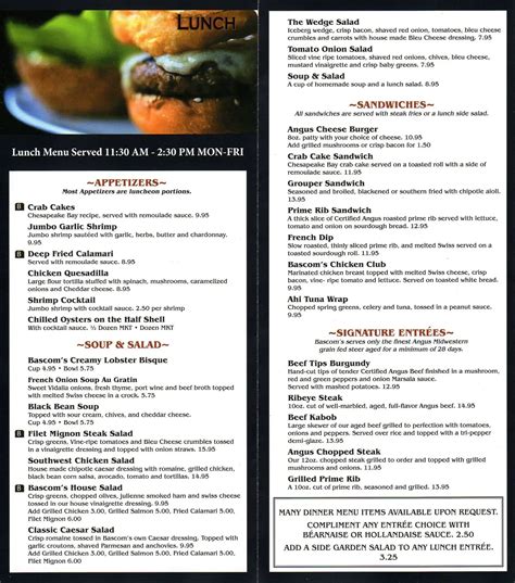 Menu at Bascom's Chop House steakhouse, Clearwater, Ulmerton Rd