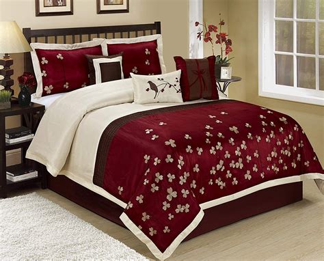 HIG 7 Piece Comforter Set Cal.King-Burgundy Patchwork Flower Embroidery ...