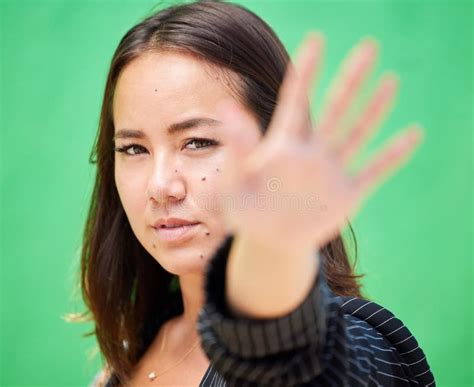 Hand of Woman Blur, Portrait of Stop Sign Gesture or Young Asian Girl Warning Dont on Green ...