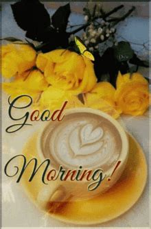 Good Morning Yellow Roses Flowers And Coffee Latte GIF | GIFDB.com