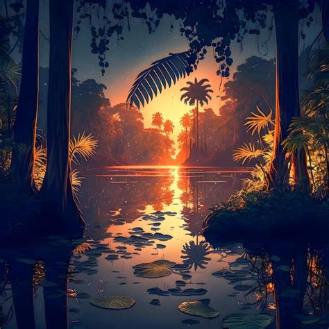 Premium Photo | Beautiful Sunset Scenery amazon jungle illustartion