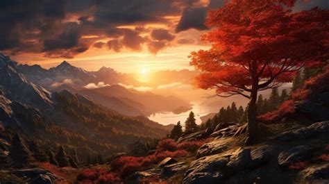 Premium AI Image | A sunset over a mountain with a tree in the foreground