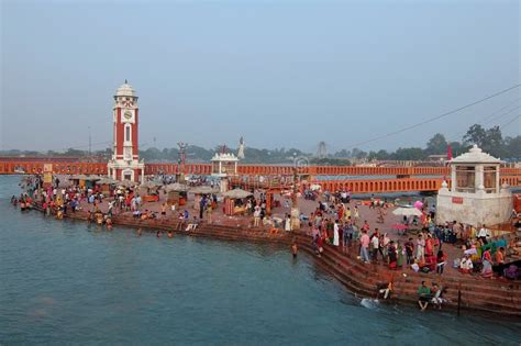 People on the Ganga River Embankment, Har Ki Pauri. Har Ki Pauri is a ...