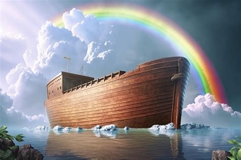 Premium AI Image | Noah's Ark in the water and rainbow in the background AI