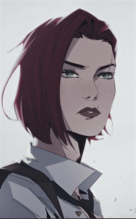 a woman with red hair and green eyes looks off to the side in an animated style