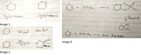 Give a simple test to differentiate cyclohexane and cyclohexene.Br_2/ H_2OBayer's reagentTollen ...