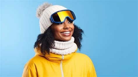 Premium Photo | Ski resort and snowboarding glad smiling dark skinned woman wears ski goggles ...