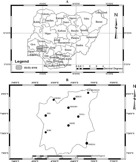 Map of (A) Nigeria showing Osun State (B) Osun state showing bruchid ...