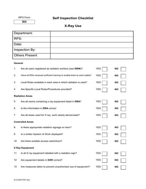 Self Inspection Checklist X-Ray Use Department: