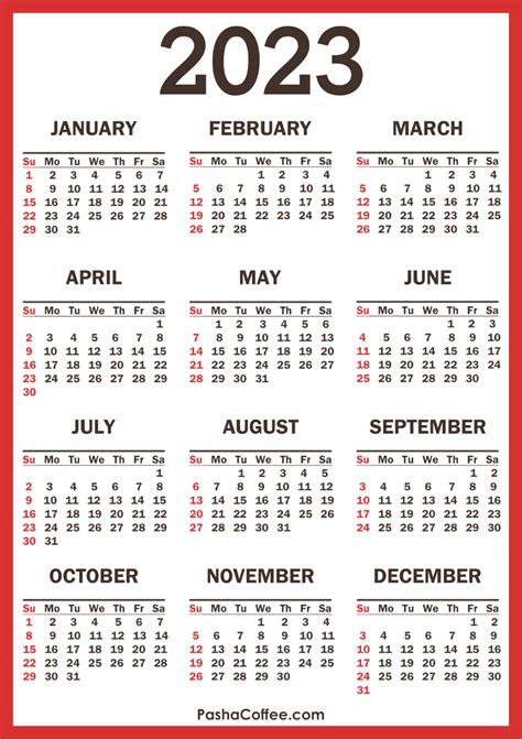 2023 Calendar with Holidays, Printable Free, Vertical, Red – PashaCoffee.com | Calendar ...