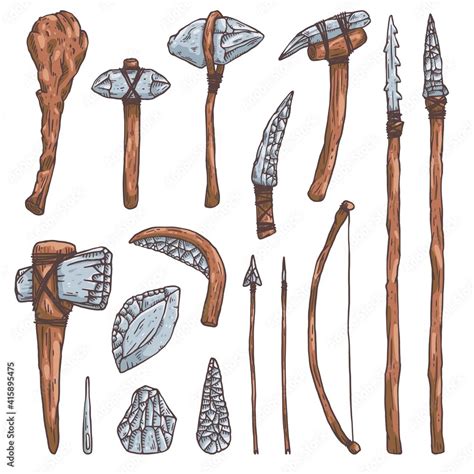 Stone tools and weapons of prehistoric man, sketch vector illustration ...