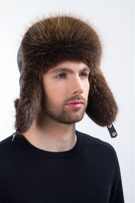 Natural Beaver Fur Ushanka Hat Leather Top Trapper Hat For a Men's - Men's Accessories