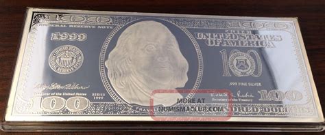 1999 Silver Proof $100 Dollar Bill Washington 4 Troy Oz. . 999 Silver