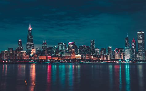 Chicago Wallpaper 4K, Night, City lights, Cityscape