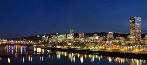 Portland Downtown Skyline At Blue Hour Waterfront Usa United States Nightlife Photo Background ...