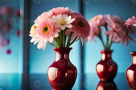 three red vases with pink flowers on a table. AI-Generated 30846645 Stock Photo at Vecteezy