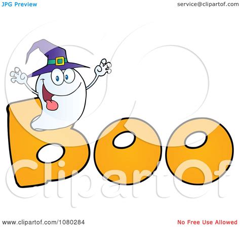 Clipart Scaring Ghost Wearing A Witch Hat In The Word BOO - Royalty ...