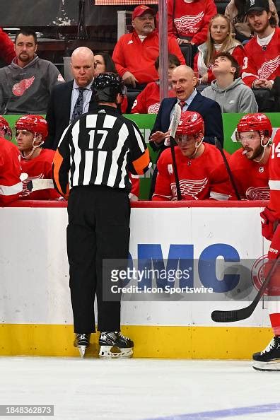 Detroit Red Wings head coach Derek LaLonde talks with referee... News Photo - Getty Images