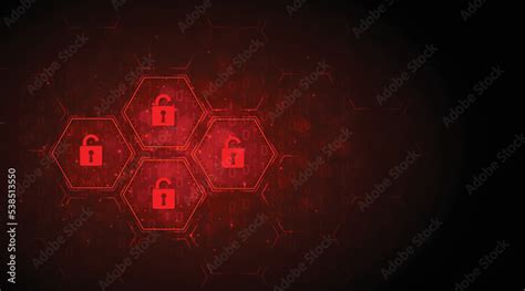 Cyber security destroyed.Padlock red open on electric circuits network ...