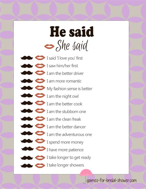 Printable He Said She Said Bridal Shower Game