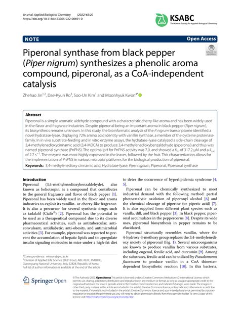 (PDF) Piperonal synthase from black pepper (Piper nigrum) synthesizes a ...