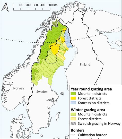 Reindeer herding area in Sweden, including seasonal grazing areas and ...