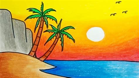 How To Draw Beach And Sunset Scenery Easy Step By Step |Drawing Nature Scenery For Beginners ...