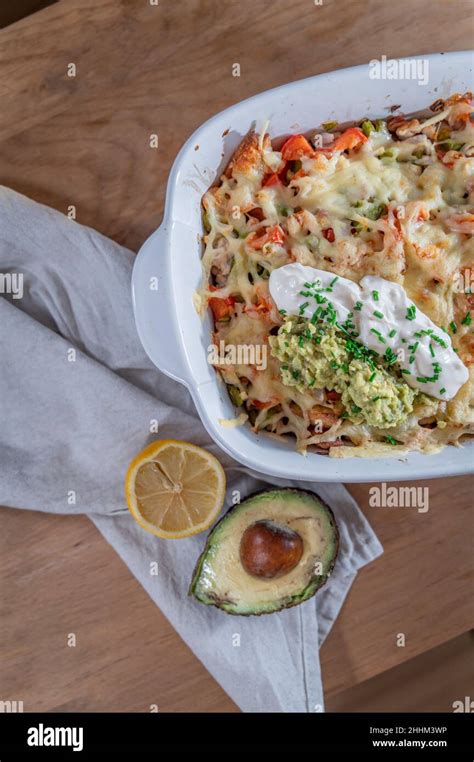 nachos homemade oven white dip Stock Photo - Alamy