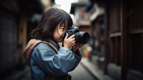 Cute Little Girl With Camera Taking Pictures In A Japanese Style Place ...