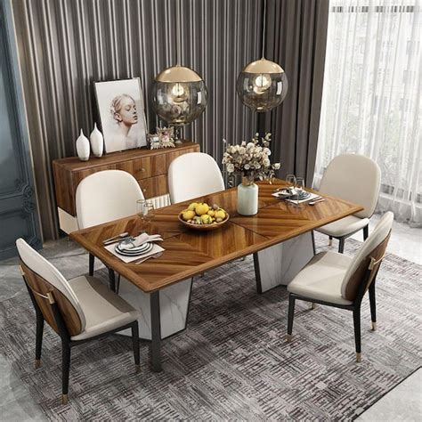 FORCLOVER Luxury Modern Ebony Solid Wood 71 in. Rectangular Stone and Steel Pedestal Base Dining ...