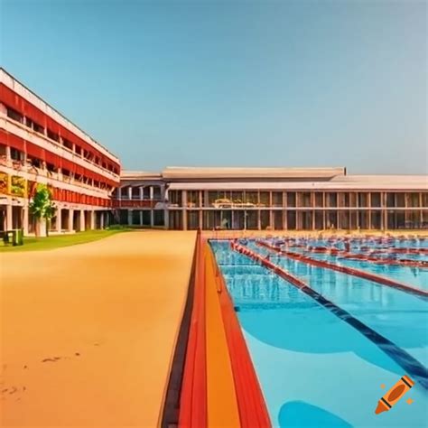 Modern school campus with playground and swimming pool on Craiyon