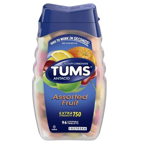 Antacid Chewable Tablets Tums Extra Strength 750, Assorted Fruit - 96 Ct