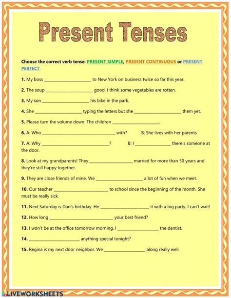 Present tenses interactive and downloadable worksheet. You can do the exercises online or ...