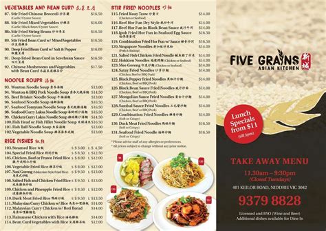 Menu at Five Grains Asian Kitchen restaurant, Niddrie