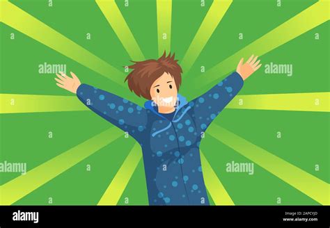 Excited young woman flat vector illustration. Cheerful girl in blue hoodie expressing positive ...